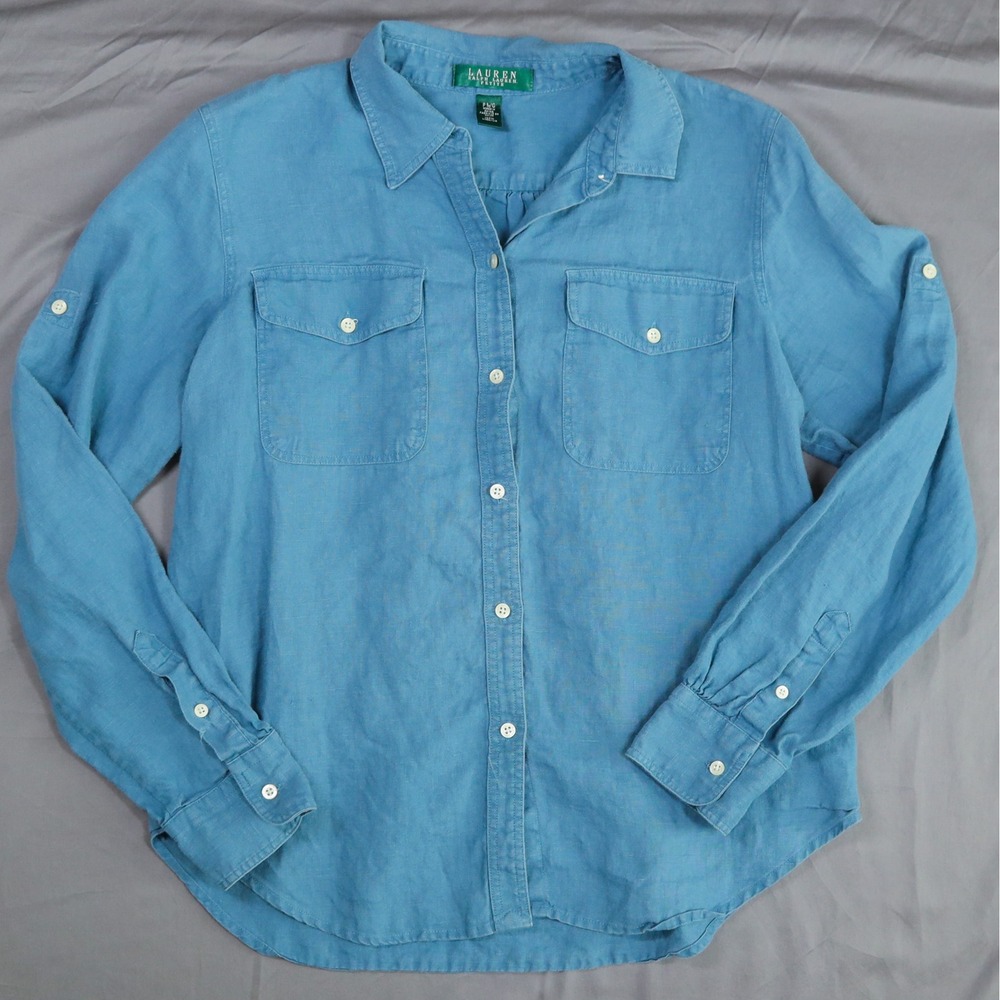 Lauren Ralph Lauren Shirt Womens PL Blue 100% Linen Button Down Roll Up Sleeves - Picture 2 of 10